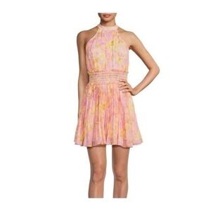 Rococo Sand Halter Mini Dress Large Pink Yellow Floral‎ Smocked Waist